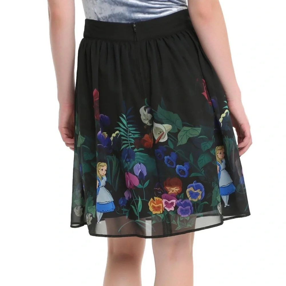 Disney Black Floral Alice in Wonderland A-Line Skirt - Picture 2 of 14